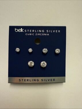New 3 pair Sterling Silver cubic zirconia stud earrings